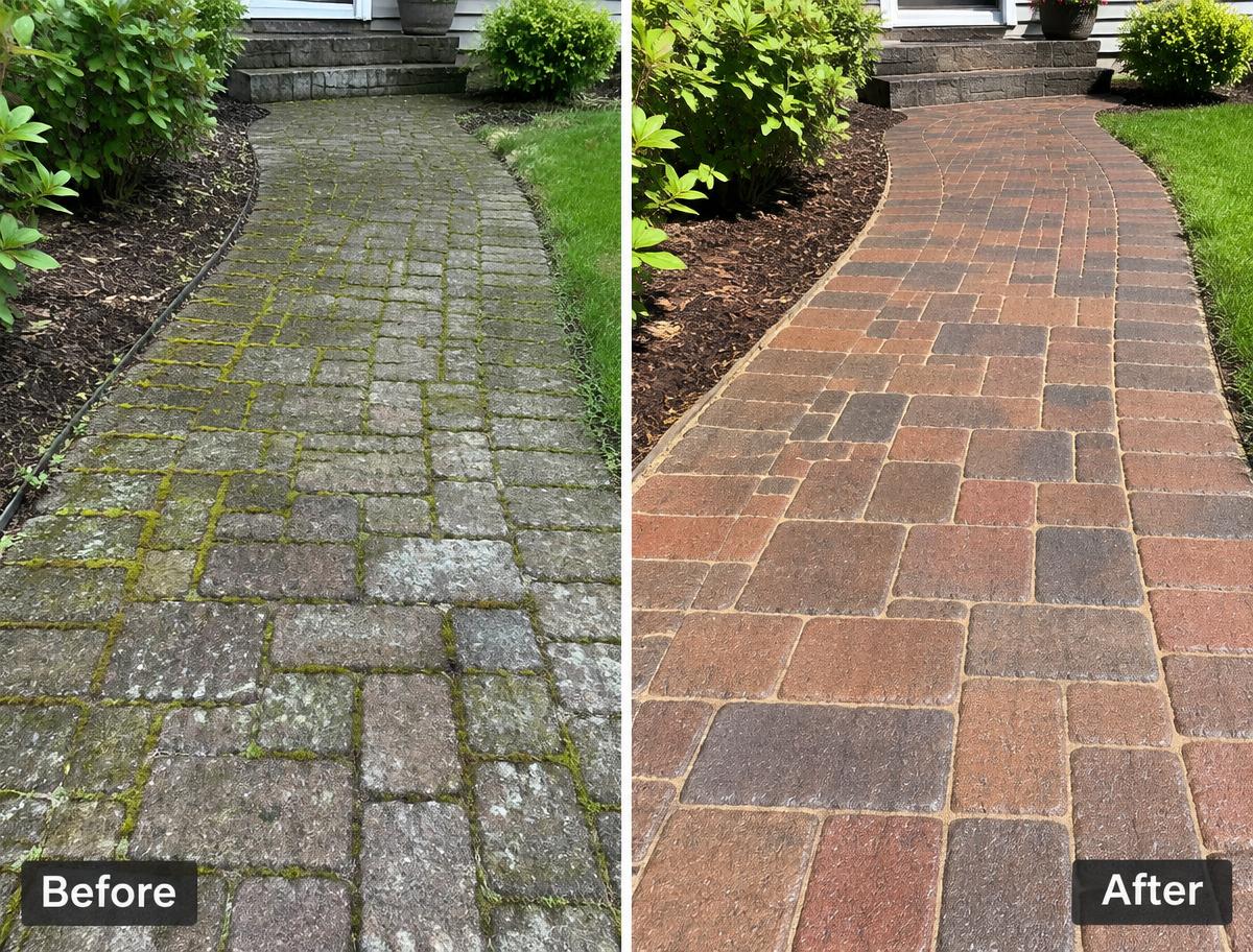 Moss-covered pavers before and restored sealed pavers after