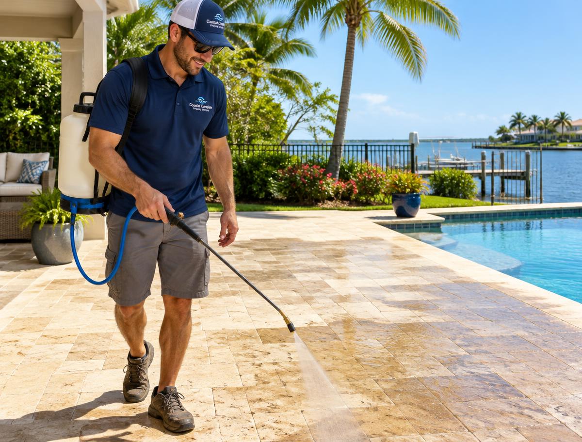 Paver Protection technician sealing a travertine pool deck