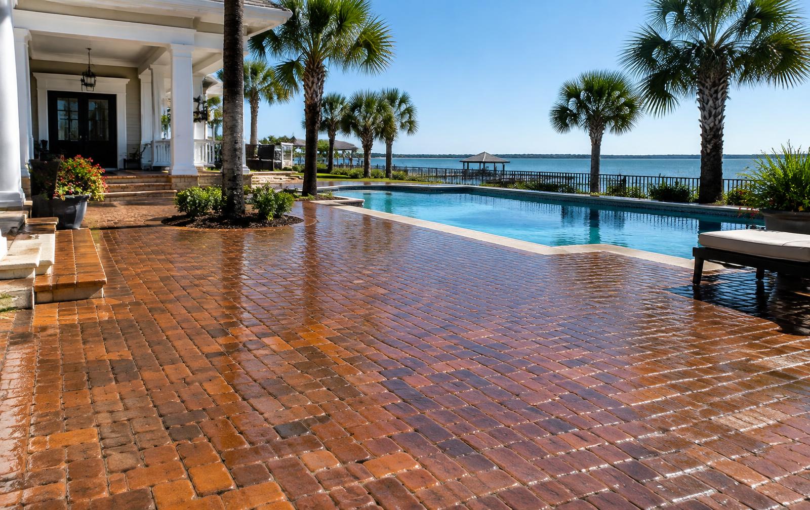 Freshly sealed brick paver pool deck at a Baldwin County home